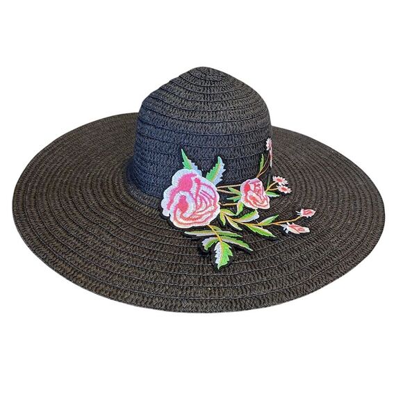 Y2K Black with Pink Floral Embroidered Applique Oversized Straw Floppy Hat - Picture 8 of 11